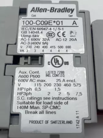Allen-Bradley 100S-C09EJ23C SER.A Contactor, 600VAC 9A, 24VDC Coil 