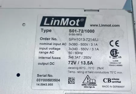 LinMot S01-72/1000 Power Supply AC/DC, Output 72V 13.5Amp 