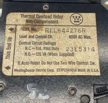 Westinghouse REL-64427-6R Thermal Overload Relay 600VAC 125VA 