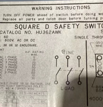 Square D HU362AWK Disconnect Switch, 600VACDC 60A 