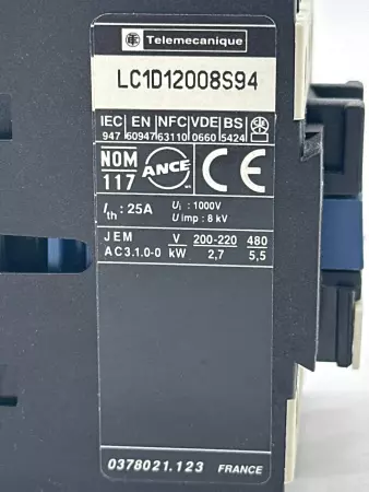 Telemecanique LC1D12008S94 Contactor 480V 25Amp 2.7-505kW 