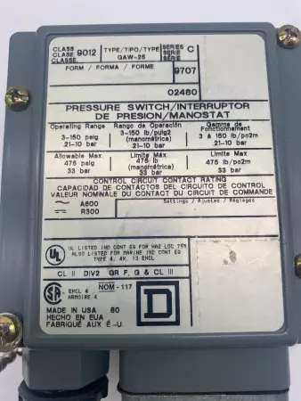 Square D GAW-25 Pressure Switch, 0.21-10Bar 