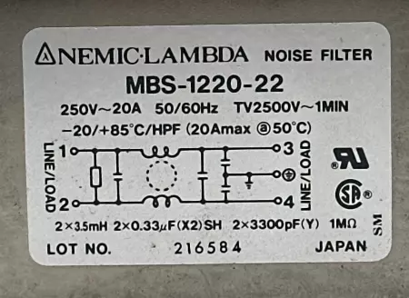 Nemic-Lambda MBS-1220-22 Noise Filter, 250V~20A 