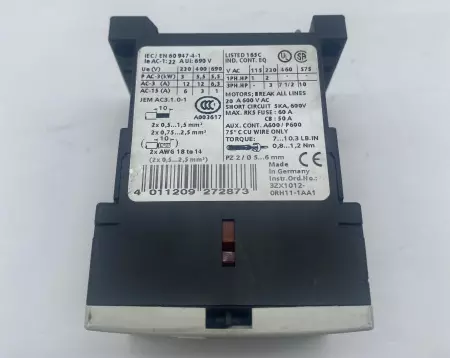 Siemens 3RT1017-1BB42 Contactor, 600VAC 20A 
