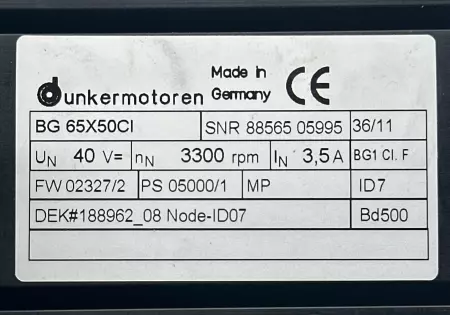 Dunkermotoren BG 65X50CI Servo Motor, 40V 3.5A/Gearbox Ratio 28.13:1 