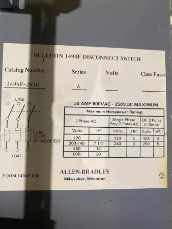 Allen-Bradley 1494F-JN30 SER.A Disconnect Switch/Enclosure, 600VAC 250VDC 30A 