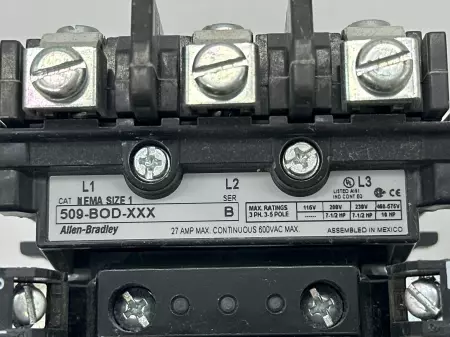Allen-Bradley 509-BOD-XXX Contactor & Overload Relay Assy, 600VAC 27A 10HP 