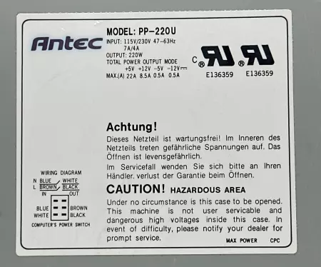 Antec PP-220U Power Supply, In 115-230VAC 4-7A, Out 5-12VDC 230W 