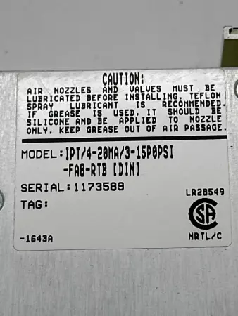 Moore Ind. IPT/4-20MA/3-15P0PSI-FA8-RTB IPT Current/Pressure Transmitter 