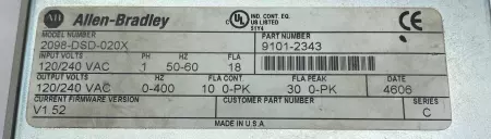 Allen-Bradley 2098-DSD-020X SER.C Ultra 3000 Servo Drive Controller, 2kW 