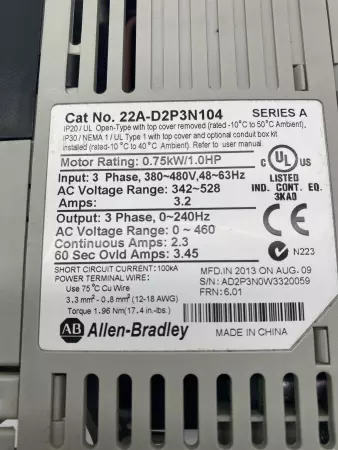 Allen-Bradley 22A-D2P3N104 SER.A PowerFlex 4 AC Drive, 0.75kW 