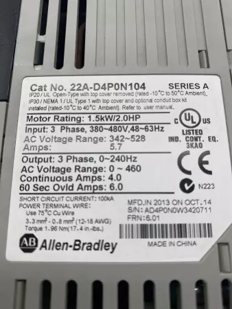 Allen-Bradley 22A-D4P0N104 SER.A PowerFlex 4 AC Drive, 1.5kW 