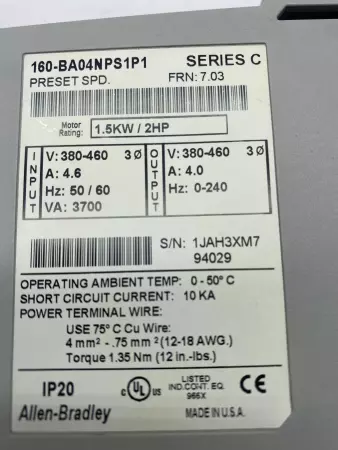 Allen-Bradley 160-BA04NPS1P1 SER.C Variable Speed Drive, 460VAC 4.5A 1HP 