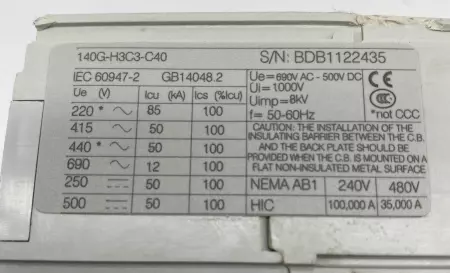 Allen-Bradley 140G-H3C3-C40 Circuit Breaker 600V Max 40Amp 