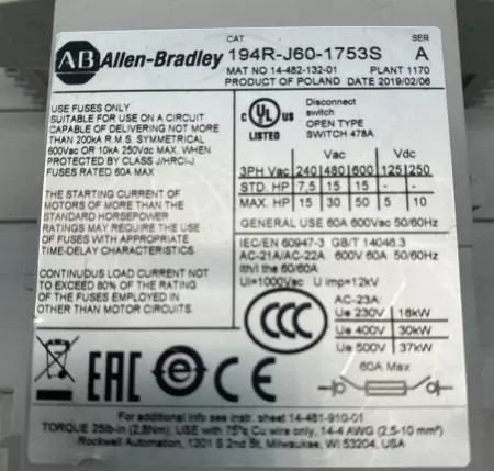 Allen-Bradley 194R-J60-1753S Fused Disconnect Switch 600V 60A, Handle Operated 