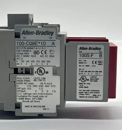 Allen-Bradley 100S-C09EJ14C SER.A Safety Contactor 600VAC 24VDC 9A W/Aux. Block 