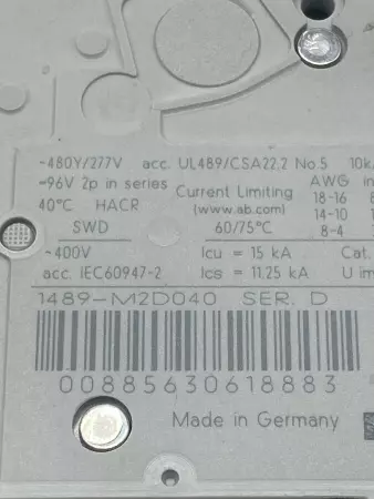 Allen-Bradley 1489-M2D040 SER.D 2-Pole Circuit Breaker, 480Y/277V 4Amp 