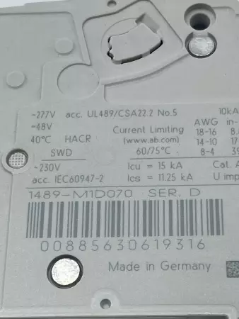 Allen-Bradley 1489-M1D070 SER.D 1-Pole  Circuit Breaker 480Y/277V 7Amp 