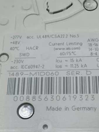 Allen-Bradley 1489-M1D060 SER.D 1-Pole Circuit Breaker 480Y/277V 6Amp 