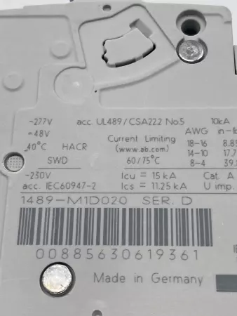 Allen-Bradley 1489-M1D020 SER.D 1-Pole Circuit Breaker 480Y/277V 6Amp 