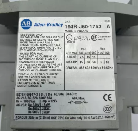 Allen-Bradley 194R-J60-1753 SER.A Disconnect Switch 600VAC 60A, Handle Operated 