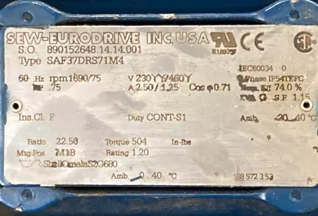 Sew-Eurodrive SAF37DRS71M4 Gearmotor 0.75HP with Gearbox Ratio 22.50:1 
