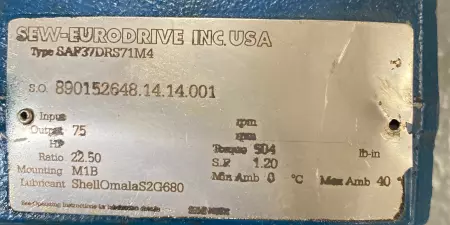 Sew-Eurodrive SAF37DRS71M4 Gearmotor 0.75HP with Gearbox Ratio 22.50:1 