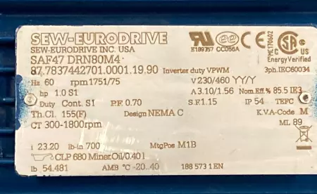 Sew-Eurodrive SAF47DRN80M4 Gearmotor and Gearbox Assembly, 1HP Ratio 23.20:1 