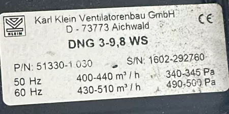 Karl Klein DNG-3-9-8-WS Blower 430-510m³/h W/2D56K50-2W Motor 150W 