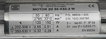 Karl Klein DNG-3-9-8-WS Blower 430-510m³/h W/2D56K50-2W Motor 150W 