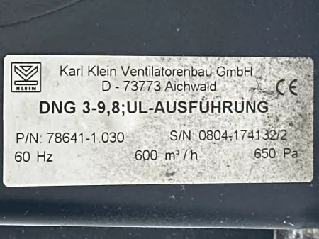 Karl Klein DNG 3-9,8,UL Blower W/ 0.20HP Motor, 600m³/h 