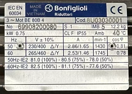 Bonfiglioli 69908200080 Induction Motor 1HP W/Gear Reducer 