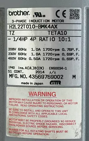 Brother H2L22T010-BMK4AX Induction Motor 0.25HP and Gear Reducer Ratio 10:1 