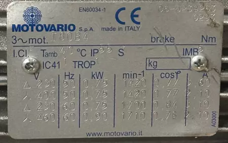 Motovario T80B4 Gearmotor 1.20HP, with Gearbox Ratio 40:1 PN:5250579 