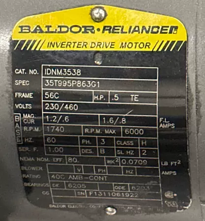 Baldor Reliance IDNM3538 AC Motor 0.5HP W/Speed Reducer Ratio 60:1 