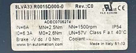 BR Automation 8LVA33.R0015D000-0 Rev C0 Servo Motor 