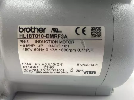 Brother HL18T010-BMRF3A Induction Motor 1/15HP and Speed Reducer, Ratio 10:1 