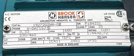 Brook-Hansen 1927202WA-02 AC Motor 0.33HP 230/460V 