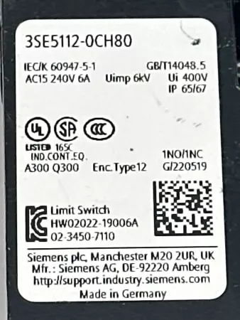 Siemens 3SE5112-0CH80 Travel Limit Switch 