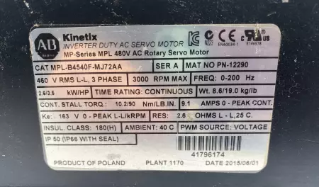 Allen-Bradley MPL-B4540-MJ72AA AC Servo Motor, 3.5HP 460V 3Phase 