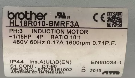 Brother HL18R10-BMRF3A Induction Motor 1/15HP and Speed Reducer, Ratio 10:1 