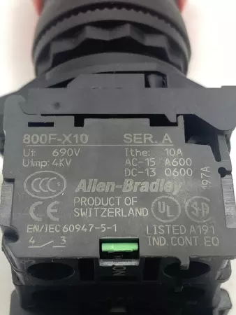 Allen-Bradley 800F-N3R Red Illuminated E-Stop Push/Pull Button W/Contact Block 