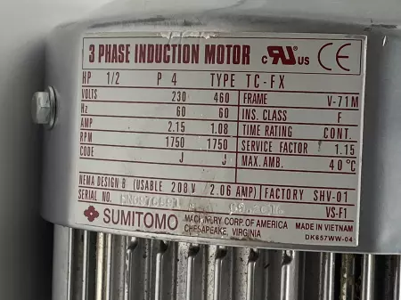 Sumitomo HN0976891 TC-FX 3 PHASE Induction Motor/ Gear Reducer 