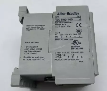 Allen-Bradley 100-K09*400 SER.A Contactor, 600VAC 15Amp 24VDC Coil 