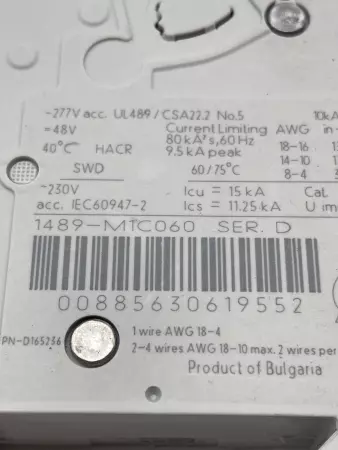 Allen-Bradley 1489-M1C060 SER.D 1-Pole Circuit Breaker, 480Y/277V 6Amp 