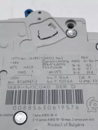 Allen-Bradley 1489-M1C040 SER.D 1-Pole Circuit Breaker, 480Y/277V 4Amp 