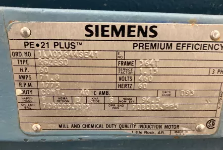 Siemens 1LA03644SE41 PE+21 Plus™ AC Motor, 60HP Frame 364T 