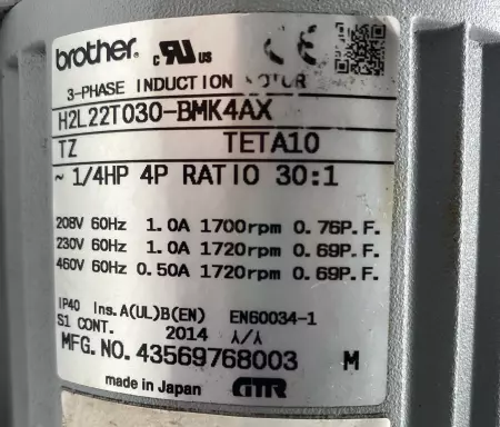 Brother H2L22T030-BMK4AX 3-Phase Induction Motor 0.25HP Gear Reducer Ratio 30:1 