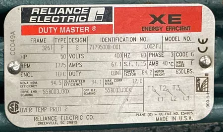 Reliance Electric 7179500B-001 AC Motor 50 HP, Frame 326T 