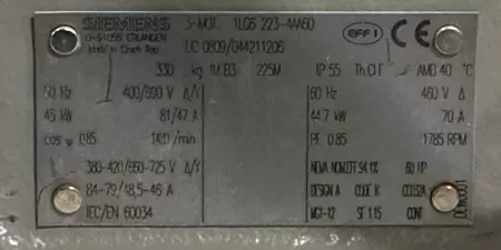 Siemens 1LG5 223-4AA60 AC Motor, 45kW/60HP 